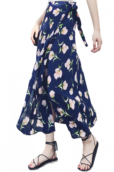 Floral Printed Split Front Lined Maxi Wrap Skirt