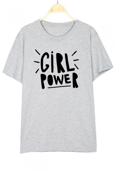 GIRL POWER Letter Printed Round Neck Short Sleeve T-Shirt