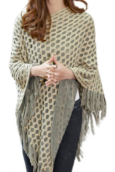 Hollow Out Tassel Trim V Neck Tunic Cape Sweater
