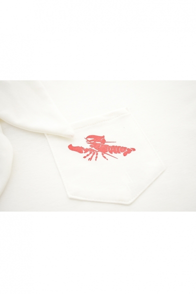 Knotted Collar Long Sleeve Lobster Printed Chest Pocket Leisure Tee