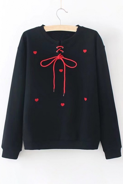 Lace Up Front Heart Embroidered Round Neck Long Sleeve Sweatshirt