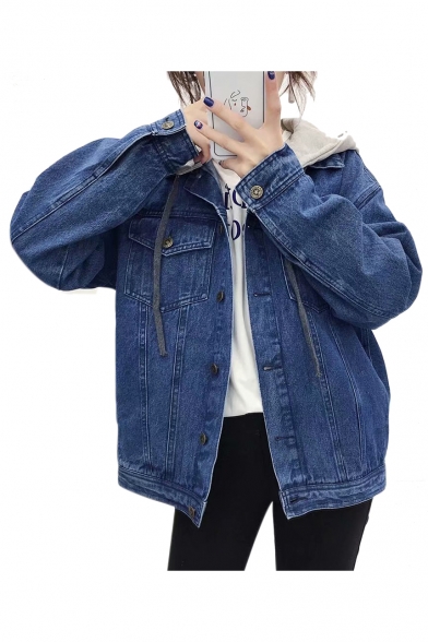 Letter Animal Embroidered Back Button Front Long Sleeve Denim Jacket with Detachable Hood