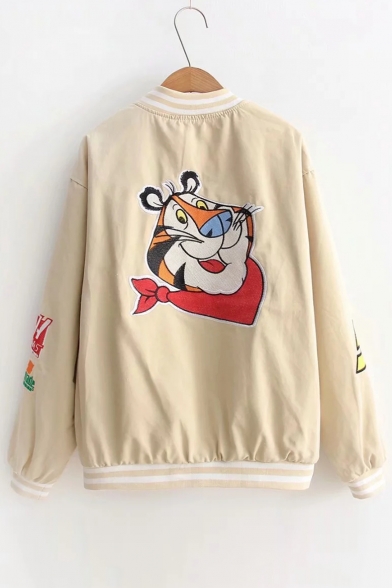 Letter Cartoon Animal Embroidered Applique Stand Up Collar Long Sleeve Button Front Baseball Jacket