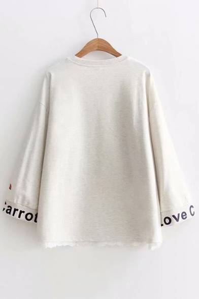 Letter Rabbit Printed Lace Patchwork Hem Round Neck Long Sleeve Loose Sweatshirt