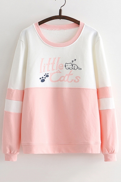 LITTLE CATS Letter Animal Printed Color Block Round Neck Long Sleeve Sweatshirt