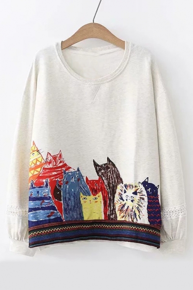 Painting Cat Printed Round Neck Long Sleeve Sweatshirt
