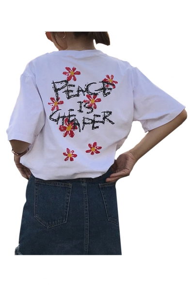 PEACE Letter Floral Printed Back Round Neck Short Sleeve T-Shirt