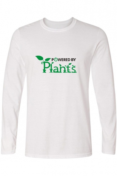 POWERED BY PLANTS Letter Leaf Printed Round Neck Long Sleeve Tee