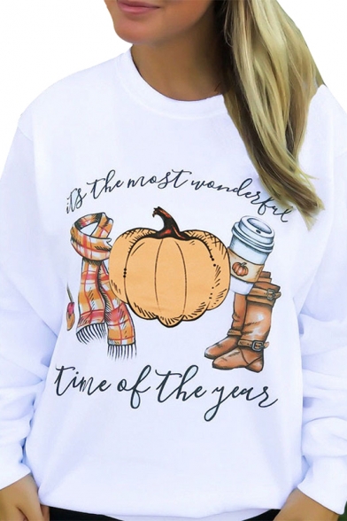 Pumpkin Letter Printed Round Neck Long Sleeve Sweatshirt