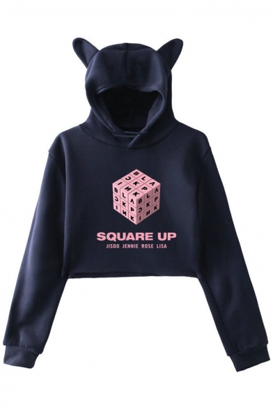 SQUARE UP Letter Graphic Printed Long Sleeve Crop Hoodie