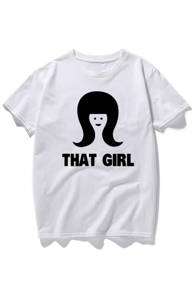 THAT GIRL Letter Cartoon Character Printed Round Neck Short Sleeve T-Shirt