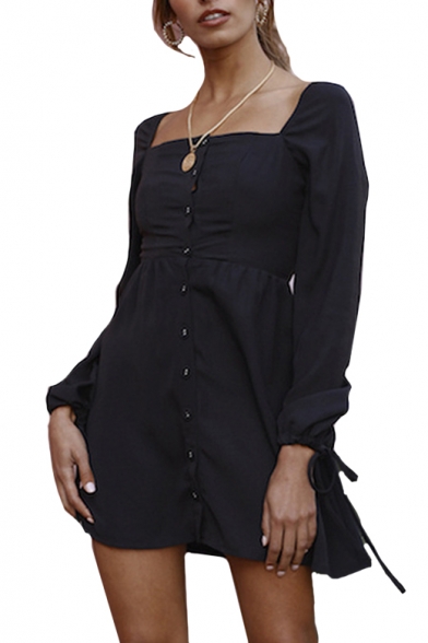square neck long sleeve black dress