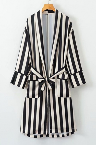 Vintage Wide Striped Long Sleeve Lapel Collar Tunic Kimono Coat