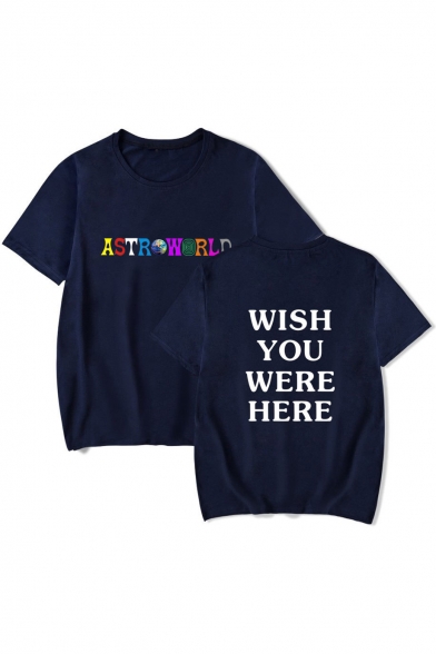 WISH YOU WERE HERE Letter Printed Round Neck Short Sleeve Graphic Tee