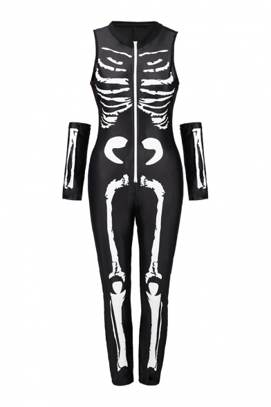 Zipper Front Sleeveless Skeleton Printed Skinny Jumpsuit