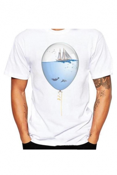 Balloon Sea Boat Printed Round Neck Short Sleeve T-Shirt