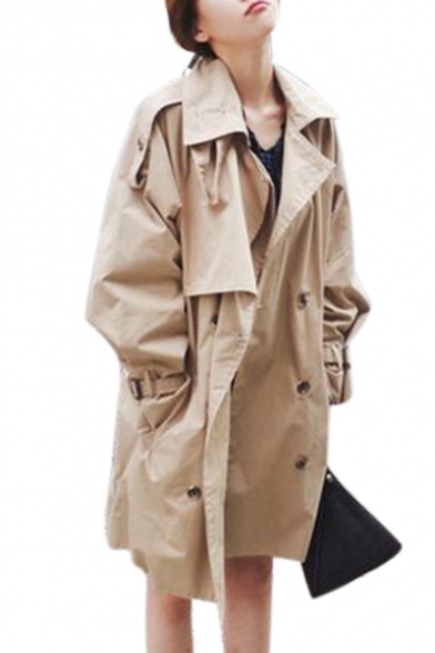 Chic Plain Double Breasted Notched Lapel Collar Long Sleeve Trench Coat