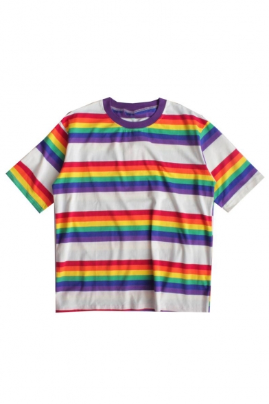 Chic Rainbow Striped Printed Short Sleeve Round Neck Tee