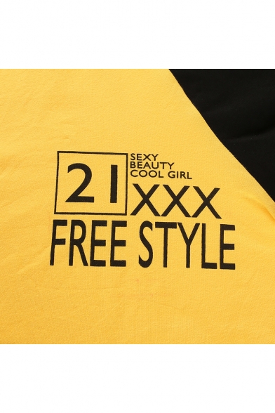 Color Block Raglan Long Sleeve Letter Printed Round Neck Crop T-Shirt