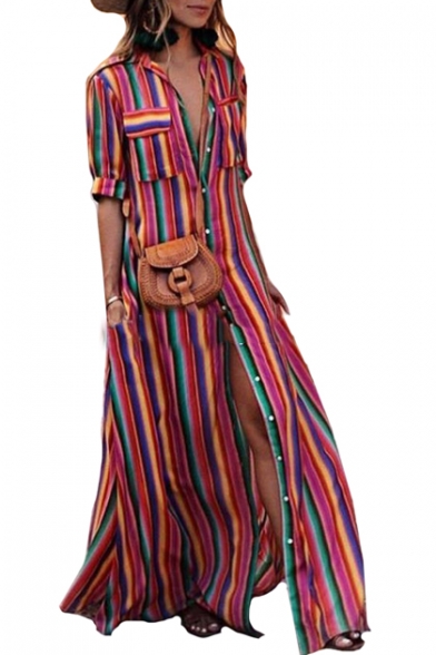 Colorful Striped Printed Button Front ...