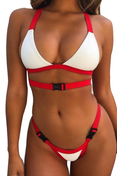 Contrast Buckle Straps Sleeveless Sexy Hollow Out Bikini