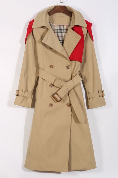 Contrast Panel Notched Lapel Collar Long Sleeve Double Breasted Trench Coat
