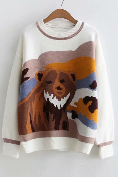 Cute Bear Jacquard Round Neck Long Sleeve Sweater