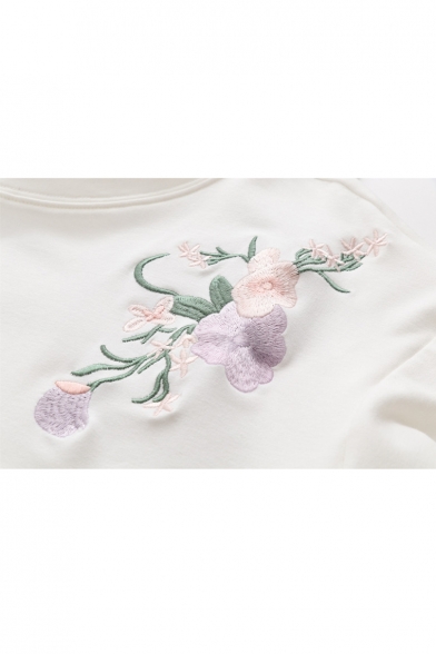 Floral Embroidered Bow Embellished Long Sleeve Round Neck Sweatshirt