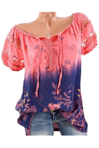 Floral Printed Tie Dye V Neck Short Sleeve Leisure T-Shirt
