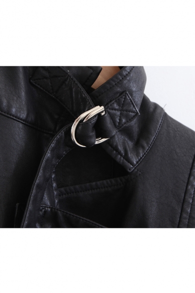 Lapel Collar Long Sleeve Elastic Hem Crop Leather Biker Jacket
