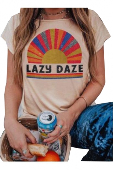 LAZY DAZE Letter Graphic Printed Round Neck Short Sleeve T-Shirt