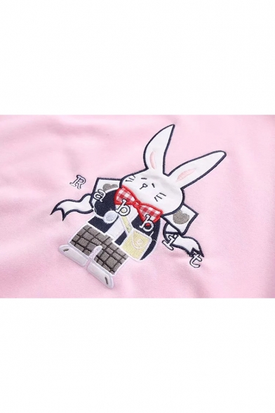 Letter Rabbit Embroidered Long Sleeve Carrot Pattern Drawstring Hoodie