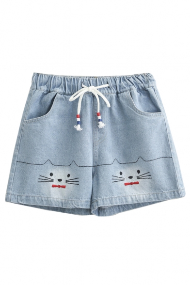 Loose Cat Embroidered Drawstring Waist Leisure Summer Denim Shorts