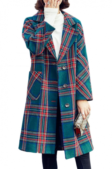 Plaid Printed Notched Lapel Collar Long Sleeve Single Breasted Tunic Coat