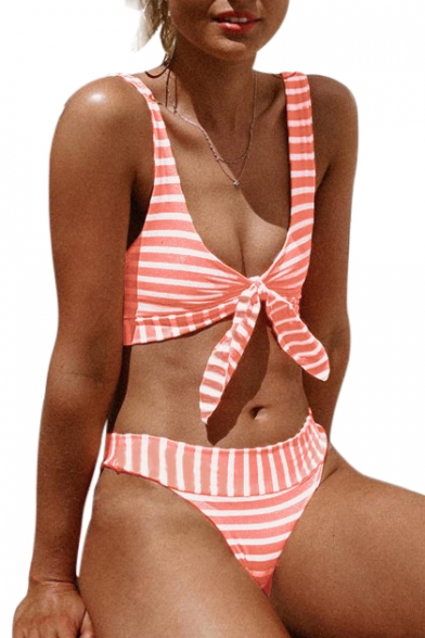 Striped Printed Sleeveless Knotted Front Beach Bikini