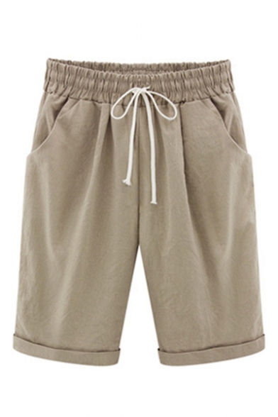 Summer Drawstring Waist Plain Leisure Shorts