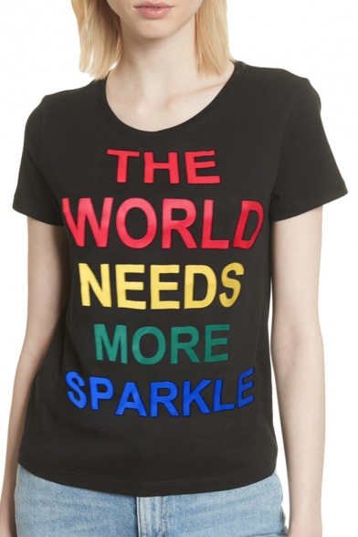 THE WORLD Letter Printed Round Neck Short Sleeve T-Shirt