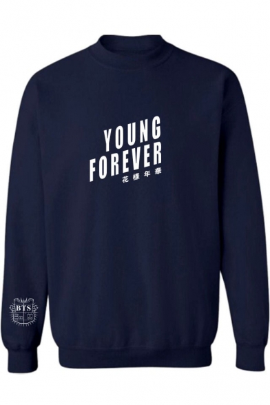 YOUNG FOREVER Letter Printed Round Neck Long Sleeve Sweatshirt