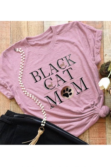 BLACK CAT Letter Printed Round Neck Short Sleeve Graphic T-Shirt