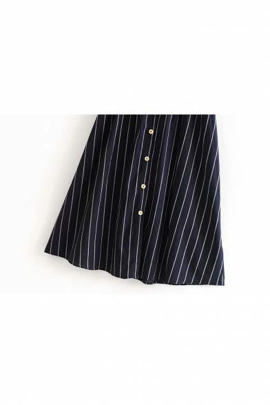 Button Front Striped Printed Spaghetti Straps Sleeveless Midi Cami Dress