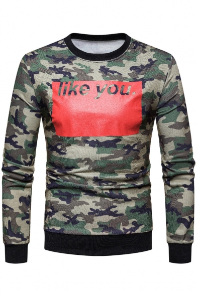 Camouflage Letter Printed Round Neck Long Sleeve Slim Sweatshirt