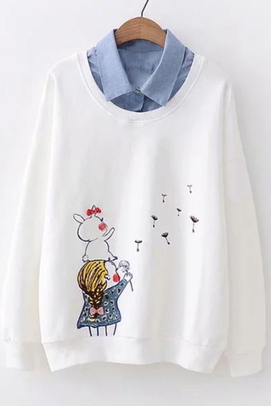 Cartoon Girl Rabbit Printed Fake Two Pieces Lapel Collar Long Sleeve Sweatshirt