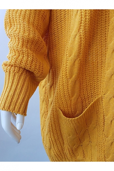 Collarless Plain Long Sleeve Tunic Cable Knitting Cardigan