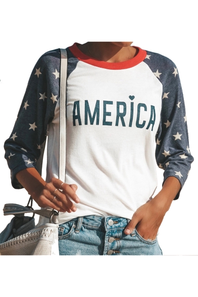 Color Block Star Printed Raglan Long Sleeve AMERICAN Letter Slim T-Shirt