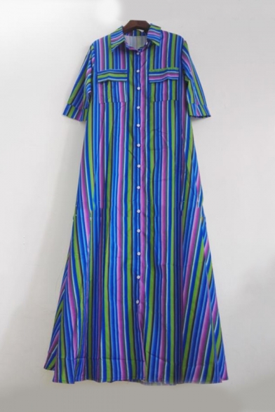 Colorful Striped Printed Button Front Lapel Collar Short Sleeve Maxi Shirt Dress