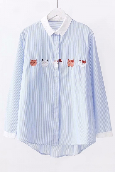 Contrast Trim Cartoon Cat Embroidered Striped Printed Long Sleeve Button Front Shirt