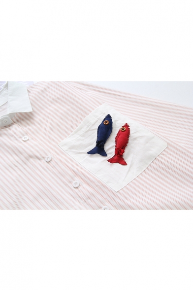 Fish Applique Lapel Collar Striped Long Sleeve Button Front Shirt
