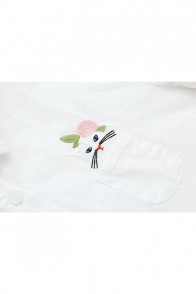 Floral Cat Embroidered Button Front Lapel Collar Long Sleeve Shirt