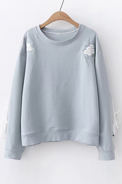 Floral Embroidered Round Neck Lace Up Detail Long Sleeve Sweatshirt