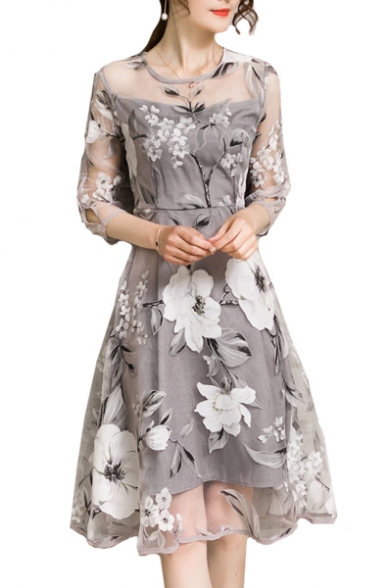 Floral Printed Round Neck 3/4 Length Sleeve Midi A-Line Organza Dress